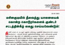 நீலகிரி மாவட்டம், கூடலூர் அருகே மசினகுடி பகுதியில் தீவைக்கப்பட்டு யானை கொல்லப்பட்ட சம்பவம்…