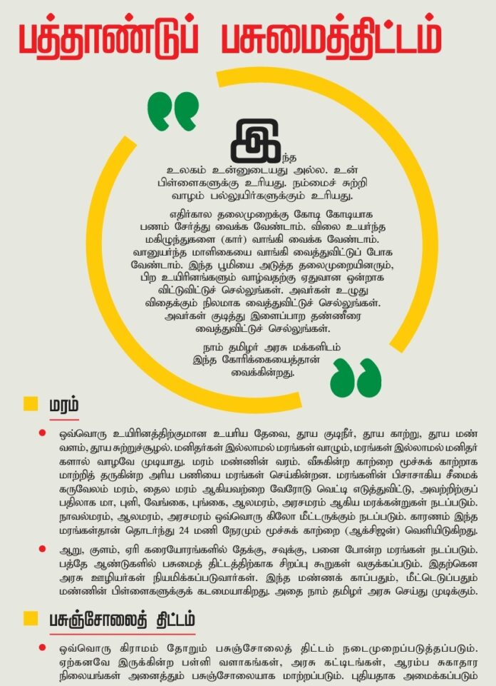 பிறக்கும் ஒவ்வொரு குழந்தைக்கும் ஒரு மரம் நடப்பட வேண்டும்; பள்ளி மாணவர்கள் ஒவ்வொருவர் மூலம் வாரமொரு மரக்கன்று நடப்படும். அதிக மரங்களை நடுபவர்களுக்கு பசுமை நாயகன் விருது வழங்கப்படும்! 'நூறு மரம் நட்டு, ஒரு மரம் வெட்டு' எனச் சட்டம் இயற்றப்படும்! 🍃
#பத்தாண்டுப்பசுமைத்திட்டம்