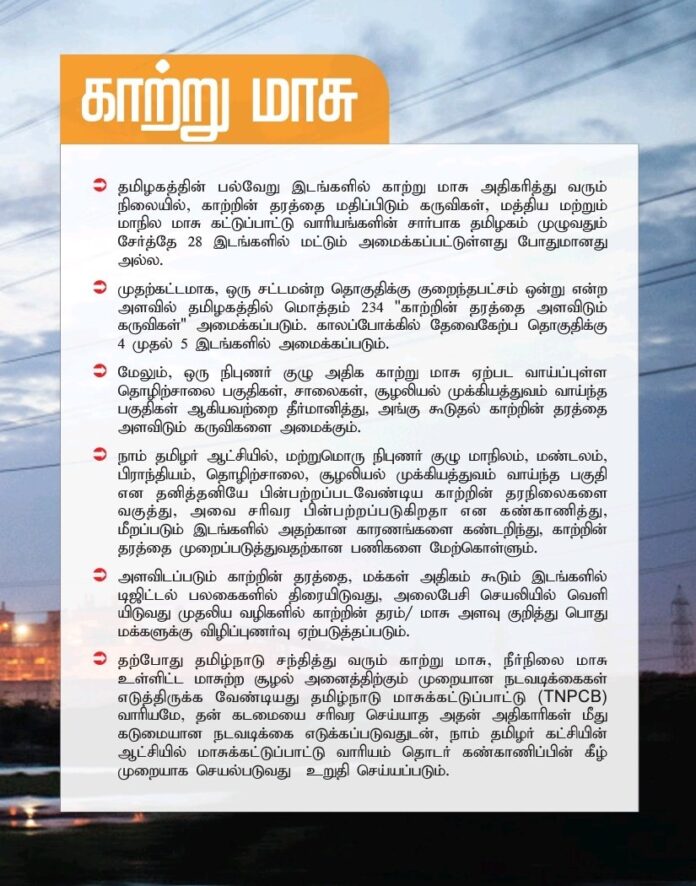 காற்றின் தரத்தை மதிப்பிடும் கருவிகள் 234 தொகுதிகளிலும் பொருத்தப்பட்டு அதன் தரவுகளை மக்கள் அறிந்து கொள்ளும் வண்ணம் செயலி ஒன்று உருவாக்கப்படும். சரிவர செயல்படாத தமிழ்நாடு மாசுக்கட்டுப்பாட்டு வாரிய அதிகாரிகள் மீது கடும் நடவடிக்கை எடுக்கப்பட்டு நிர்வாகம் சீர்செய்யப்படும்!
#காற்றுமாசு