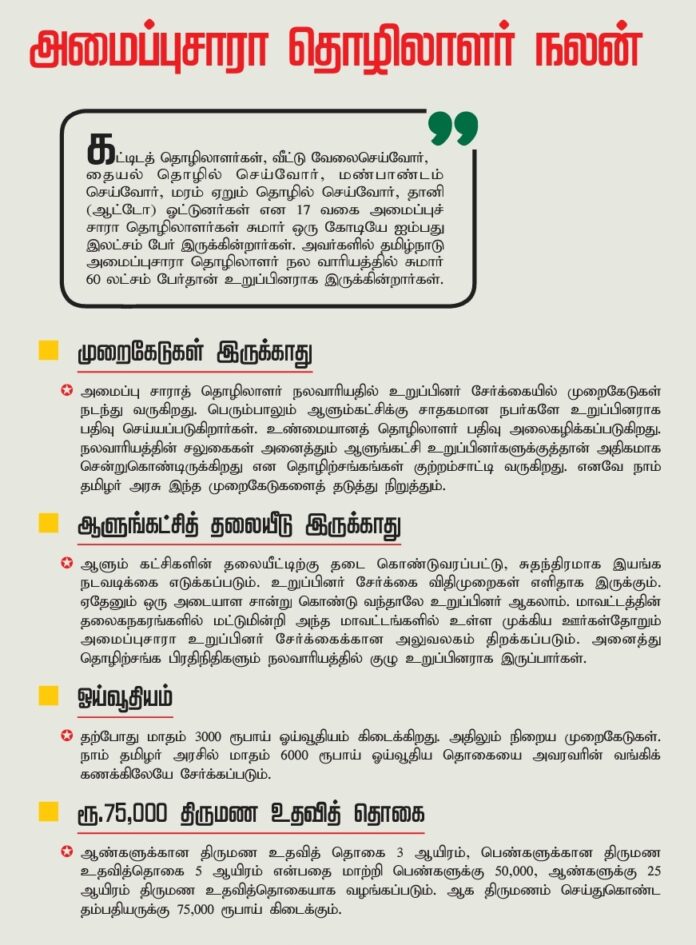 முறைகேடுகளற்ற வகையில் அமைப்பு சாரா தொழிலாளர் நல வாரியம் சீரமைக்கப்படும். அமைப்பு சாரா தொழிலாளர்களின் ஓய்வூதியம், திருமண உதவித்தொகை, விபத்து இழப்பீடு உயர்த்தப்படும்! மகிழுந்து தானி ஓட்டுநர் நல வாரியம், கட்டிடப் பொறியாளர் நல வாரியம் உருவாக்கப்படும்! #அமைப்புசாராதொழிலாளர்நலன்