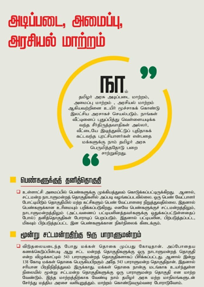 பெண்களுக்கு தனித்தொகுதி, 3 சட்டமன்றத் தொகுதிக்கு ஒரு பாராளுமன்றம், மாநிலங்களவை உறுப்பினர்கள் அமைச்சர்களாகத் தடை, குடியரசுத் தலைவரை மக்களே தேர்ந்தெடுப்பது, தேர்தல், வரி சீர்திருத்தம் உள்ளிட்டவை குறித்த நாம் தமிழர் அரசின் கொள்கைகளை அமலாக்க நடவடிக்கை எடுக்கப்படும்! #அடிப்படைமாற்றம்