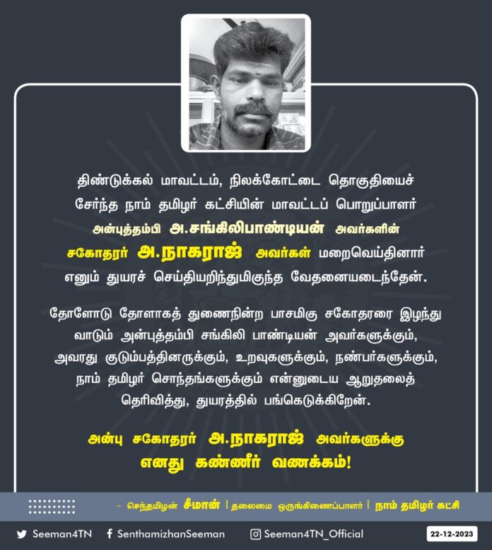 திண்டுக்கல் மாவட்டம், நிலக்கோட்டை தொகுதியைச் சேர்ந்த நாம் தமிழர் கட்சியின் மாவட்டப் பொறுப்பாளர் அன்புத்தம்பி அ.சங்கிலிபாண்டியன் அவர்களின் சகோதரர் அ.நாகராஜ் அவர்கள் மறைவெய்தினார் எனும் துயரச்செய்தியறிந்துமிகுந்த வேதனையடைந்தேன்.
தோளோடு தோளாகத் துணைநின்ற பாசமிகு சகோதரரை இழந்து வாடும் அன்புத்தம்பி சங்கிலி பாண்டியன் அவர்களுக்கும், அவரது குடும்பத்தினருக்கும், உறவுகளுக்கும், நண்பர்களுக்கும்,நாம் தமிழர் சொந்தங்களுக்கும் என்னுடைய ஆறுதலைத் தெரிவித்து, துயரத்தில் பங்கெடுக்கிறேன்.
அன்பு சகோதரர் அ.நாகராஜ் அவர்களுக்கு எனது கண்ணீர் வணக்கம்!