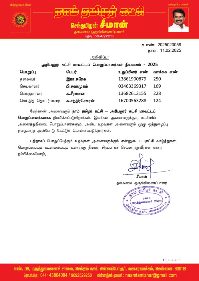 0058 அரியலூர் கட்சி மாவட்டப் பொறுப்பாளர்கள் 2025