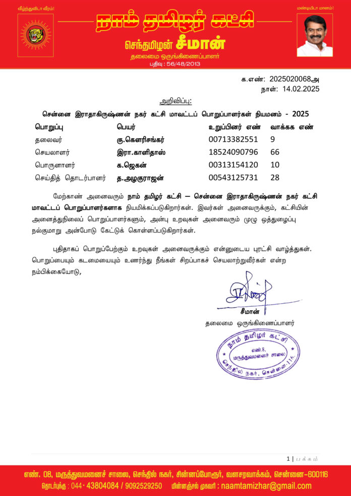 0068 சென்னை இராதாகிருஷ்ணன் நகர் கட்சி மாவட்டப் பொறுப்பாளர்கள் 2025