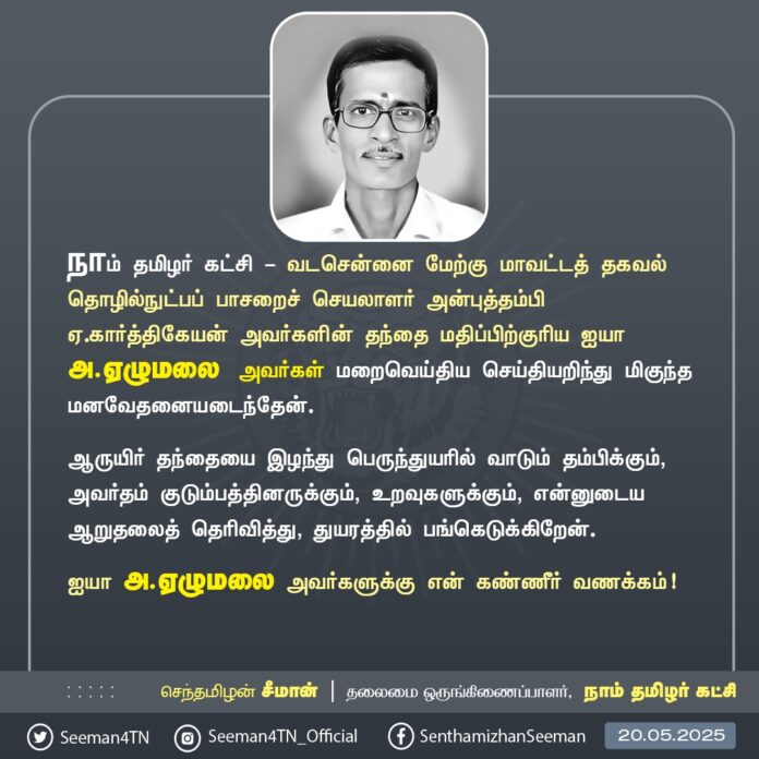 நாம் தமிழர் கட்சி - வடசென்னை மேற்கு மாவட்டத் தகவல்தொழில்நுட்பப் பாசறைச் செயலாளர் அன்புத்தம்பி ஏ.கார்த்திகேயன் அவர்களின் தந்தை மதிப்பிற்குரிய ஐயா அ.ஏழுமலை அவர்கள் மறைவெய்திய செய்தியறிந்து மிகுந்த மனவேதனையடைந்தேன்.
ஆருயிர் தந்தையை இழந்து பெருந்துயரில் வாடும் தம்பிக்கும், அவர்தம் குடும்பத்தினருக்கும், உறவுகளுக்கும், என்னுடைய ஆறுதலைத் தெரிவித்து, துயரத்தில் பங்கெடுக்கிறேன்.
ஐயா அ.ஏழுமலை அவர்களுக்கு என் கண்ணீர் வணக்கம்!