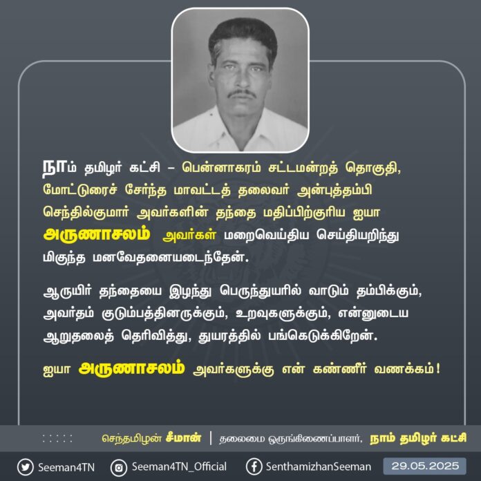 நாம் தமிழர் கட்சி - பென்னாகரம் சட்டமன்றத் தொகுதி, மோட்டுரைச் சேர்ந்த மாவட்டத் தலைவர் அன்புத்தம்பி செந்தில்குமார் அவர்களின் தந்தை மதிப்பிற்குரிய ஐயா அருணாசலம் அவர்கள் மறைவெய்திய செய்தியறிந்து மிகுந்த மனவேதனையடைந்தேன்.
ஆருயிர் தந்தையை இழந்து பெருந்துயரில் வாடும் தம்பிக்கும், அவர்தம் குடும்பத்தினருக்கும், உறவுகளுக்கும், என்னுடைய ஆறுதலைத் தெரிவித்து, துயரத்தில் பங்கெடுக்கிறேன்.
ஐயா அருணாசலம் அவர்களுக்கு என் கண்ணீர் வணக்கம்!