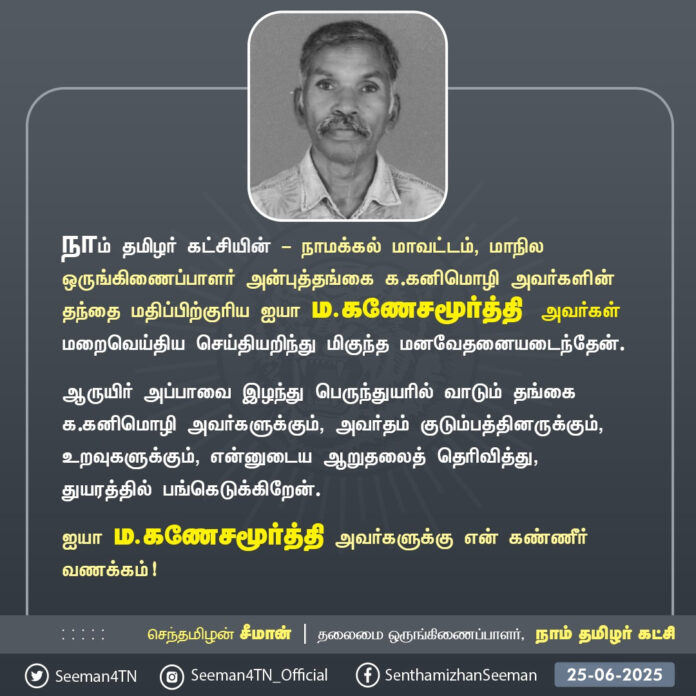 நாம் தமிழர் கட்சி - நாமக்கல் மாவட்டம், மாநில ஒருங்கிணைப்பாளர் அன்புத்தங்கை க.கனிமொழி அவர்களின் தந்தை மதிப்பிற்குரிய ஐயா ம.கணேசமூர்த்தி அவர்கள் மறைவெய்திய செய்தியறிந்து மிகுந்த மனவேதனையடைந்தேன்.
ஆருயிர் அப்பாவை இழந்து பெருந்துயரில் வாடும் தங்கை க.கனிமொழி அவர்களுக்கும், அவர்தம் குடும்பத்தினருக்கும், உறவுகளுக்கும், என்னுடைய ஆறுதலைத் தெரிவித்து, துயரத்தில் பங்கெடுக்கிறேன்.
ஐயா ம.கணேசமூர்த்தி அவர்களுக்கு என் கண்ணீர் வணக்கம்!