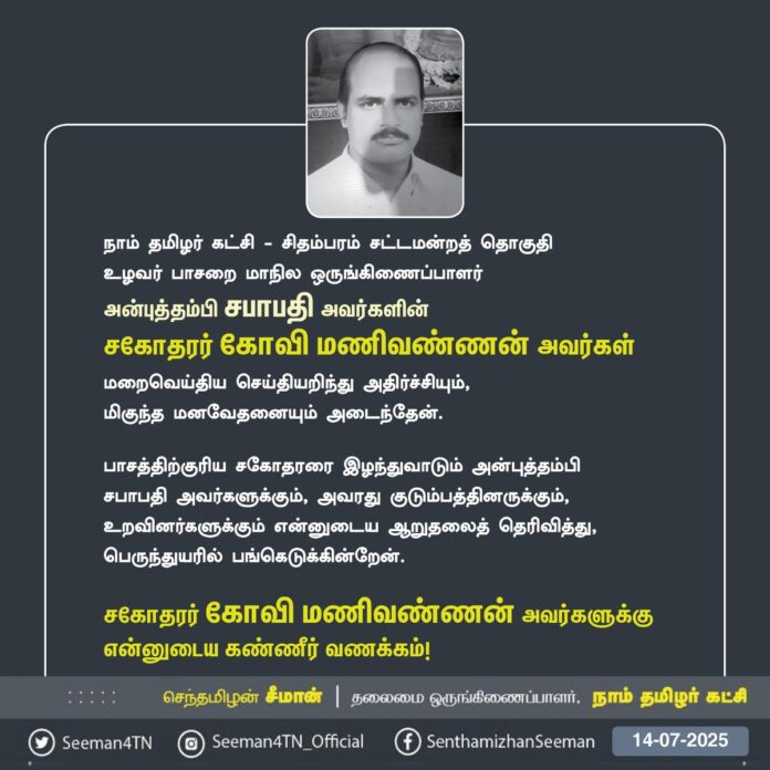 நாம் தமிழர் கட்சி - சிதம்பரம் சட்டமன்றத் தொகுதி உழவர் பாசறை மாநில ஒருங்கிணைப்பாளர் அன்புத்தம்பி சபாபதி அவர்களின் சகோதரர் கோவி மணிவண்ணன் அவர்கள் மறைவெய்திய செய்தியறிந்து அதிர்ச்சியும், மிகுந்த மனவேதனையும் அடைந்தேன்.
பாசத்திற்குரிய சகோதரரை இழந்துவாடும் அன்புத்தம்பி சபாபதி அவர்களுக்கும், அவரது குடும்பத்தினருக்கும், உறவினர்களுக்கும் என்னுடைய ஆறுதலைத் தெரிவித்து, பெருந்துயரில் பங்கெடுக்கின்றேன்.
சகோதரர் கோவி மணிவண்ணன் அவர்களுக்கு என்னுடைய கண்ணீர் வணக்கம்!