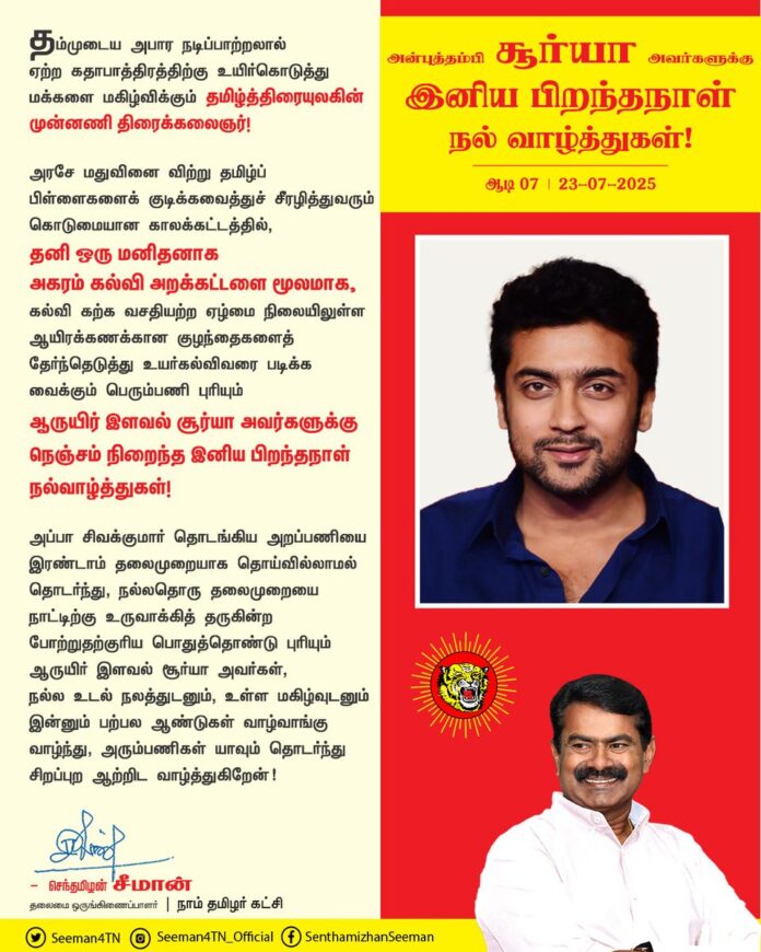 தம்முடைய அபார நடிப்பாற்றலால் ஏற்ற கதாபாத்திரத்திற்கு உயிர்கொடுத்து மக்களை மகிழ்விக்கும் தமிழ்த்திரையுலகின் முன்னணி திரைக்கலைஞர்!
அரசே மதுவினை விற்று தமிழ்ப் பிள்ளைகளைக் குடிக்கவைத்துச் சீரழித்துவரும் கொடுமையான காலக்கட்டத்தில், தனி ஒரு மனிதனாக அகரம் கல்வி அறக்கட்டளை மூலமாக, கல்வி கற்க வசதியற்ற ஏழ்மை நிலையிலுள்ள ஆயிரக்கணக்கான குழந்தைகளைத் தேர்ந்தெடுத்து உயர்கல்விவரை படிக்க வைக்கும் பெரும்பணி புரியும் ஆருயிர் இளவல் சூர்யா அவர்களுக்கு நெஞ்சம் நிறைந்த இனிய பிறந்தநாள் நல்வாழ்த்துகள்!
அப்பா சிவக்குமார் தொடங்கிய அறப்பணியை இரண்டாம் தலைமுறையாக தொய்வில்லாமல் தொடர்ந்து, நல்லதொரு தலைமுறையை நாட்டிற்கு உருவாக்கித் தருகின்ற போற்றுதற்குரிய பொதுத்தொண்டு புரியும் ஆருயிர் இளவல் சூர்யா அவர்கள், நல்ல உடல் நலத்துடனும், உள்ள மகிழ்வுடனும் இன்னும் பற்பல ஆண்டுகள் வாழ்வாங்கு வாழ்ந்து, அரும்பணிகள் யாவும் தொடர்ந்து சிறப்புற ஆற்றிட வாழ்த்துகிறேன்!
@Suriya_offl