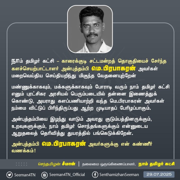 நாம் தமிழர் கட்சி - காரைக்குடி சட்டமன்றத் தொகுதியைச் சேர்ந்த களச்செயற்பாட்டாளர் அன்புத்தம்பி மெ.பிரபாகரன் அவர்கள் மறைவெய்திய செய்தியறிந்து மிகுந்த வேதனையுற்றேன்
மண்ணுக்காகவும், மக்களுக்காகவும் போராடி வரும் நாம் தமிழர் கட்சி எனும் புரட்சிகர அரசியல் பெரும்படையில் தன்னை இணைத்துக் கொண்டு, அயராது களப்பணியாற்றி வந்த மெ.பிரபாகரன் அவர்கள் நம்மை விட்டுப் பிரிந்திருப்பது ஆற்ற முடியாதப் பேரிழப்பாகும்.
அன்புத்தம்பியை இழந்து வாடும் அவரது குடும்பத்தினருக்கும், உறவுகளுக்கும், நாம் தமிழர் சொந்தங்களுக்கும் என்னுடைய ஆறுதலைத் தெரிவித்து துயரத்தில் பங்கெடுக்கிறேன்.
அன்புத்தம்பி மெ.பிரபாகரன் அவர்களுக்கு என் கண்ணீர் வணக்கம்!