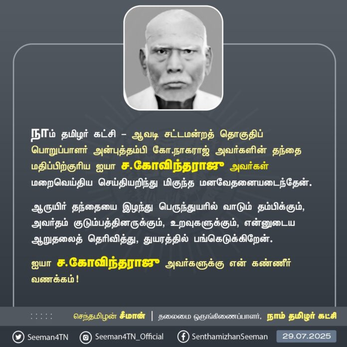 நாம் தமிழர் கட்சி - ஆவடி சட்டமன்றத் தொகுதிப் பொறுப்பாளர் அன்புத்தம்பி கோ.நாகராஜ் அவர்களின் தந்தை மதிப்பிற்குரிய ஐயா ச.கோவிந்தராஜு அவர்கள் மறைவெய்திய செய்தியறிந்து மிகுந்த மனவேதனையடைந்தேன்.
ஆருயிர் தந்தையை இழந்து பெருந்துயரில் வாடும் தம்பிக்கும், அவர்தம் குடும்பத்தினருக்கும், உறவுகளுக்கும், என்னுடைய ஆறுதலைத் தெரிவித்து, துயரத்தில் பங்கெடுக்கிறேன்.
ஐயா ச.கோவிந்தராஜு அவர்களுக்கு என் கண்ணீர் வணக்கம்!
