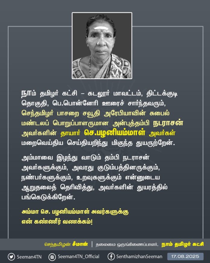 கடலூர் மாவட்டம், திட்டக்குடி தொகுதி, பெ.பொன்னேரி ஊரைச் சார்ந்தவரும் செந்தமிழர் பாசறை சவூதி அரேபியாவின் சுபைல் மண்டலப் பொறுப்பாளருமான அன்புத்தம்பி நடராசன் அவர்களின் தாயார் திருமதி செ.பழனியம்மாள் அவர்கள் மறைவெய்திய செய்தியறிந்து மிகுந்த துயருற்றேன்.
அம்மாவை இழந்து வாடும் தம்பி நடராசன் அவர்களுக்கும், அவரது குடும்பத்தினருக்கும், நண்பர்களுக்கும், உறவுகளுக்கும் என்னுடைய ஆறுதலைத் தெரிவித்து, அவர்களின் துயரத்தில் பங்கெடுக்கிறேன்.
அம்மா செ. பழனியம்மாள் அவர்களுக்கு என் கண்ணீர் வணக்கம்!