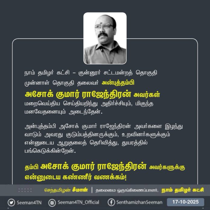 நாம் தமிழர் கட்சி - குன்னூர் சட்டமன்றத் தொகுதி முன்னாள் தொகுதி தலைவர் அன்புத்தம்பி
அசோக் குமார் ராஜேந்திரன் அவர்கள்
மறைவெய்திய செய்தியறிந்து அதிர்ச்சியும், மிகுந்த மனவேதனையும் அடைந்தேன்.
அன்புத்தம்பி அசோக் குமார் ராஜேந்திரன் அவர்களை இழந்து வாடும் அவரது குடும்பத்தினருக்கும், உறவினர்களுக்கும் என்னுடைய ஆறுதலைத் தெரிவித்து, துயரத்தில் பங்கெடுக்கின்றேன்.
தம்பி அசோக் குமார் ராஜேந்திரன் அவர்களுக்கு என்னுடைய கண்ணீர் வணக்கம்!