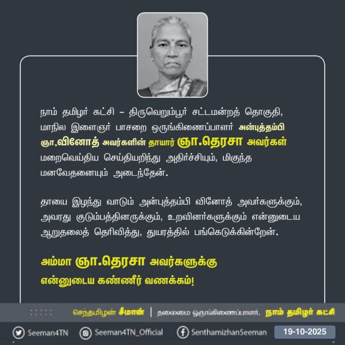 நாம் தமிழர் கட்சி - திருவெறும்பூர் சட்டமன்றத் தொகுதி,
மாநில இளைஞர் பாசறை ஒருங்கிணைப்பாளர் அன்புத்தம்பி ஞா.வினோத் அவர்களின் தாயார் ஞா.தெரசா அவர்கள் மறைவெய்திய செய்தியறிந்து அதிர்ச்சியும், மிகுந்த மனவேதனையும் அடைந்தேன்.
தாயை இழந்து வாடும் அன்புத்தம்பி வினோத் அவர்களுக்கும்,
அவரது குடும்பத்தினருக்கும், உறவினர்களுக்கும் என்னுடைய ஆறுதலைத் தெரிவித்து, துயரத்தில் பங்கெடுக்கின்றேன்.
அம்மா ஞா.தெரசா அவர்களுக்கு
என்னுடைய கண்ணீர் வணக்கம்!