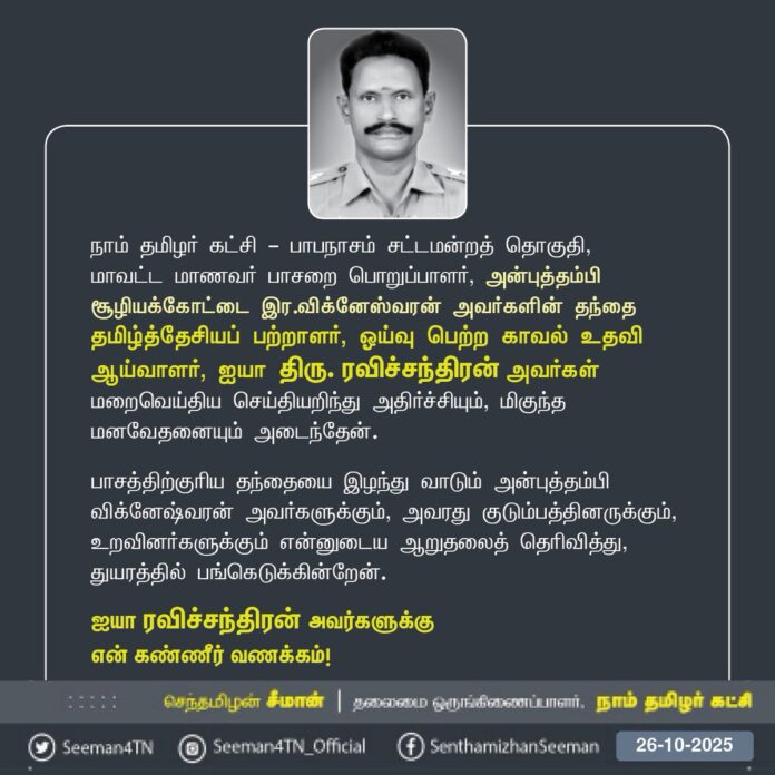 நாம் தமிழர் கட்சி - பாபநாசம் சட்டமன்றத் தொகுதி, மாவட்ட மாணவர் பாசறை பொறுப்பாளர், அன்புத்தம்பி சூழியக்கோட்டை இர.விக்னேஸ்வரன் அவர்களின் தந்தை தமிழ்த்தேசியப் பற்றாளர், ஓய்வு பெற்ற காவல் உதவி ஆய்வாளர், ஐயா திரு. ரவிச்சந்திரன் அவர்கள் மறைவெய்திய செய்தியறிந்து அதிர்ச்சியும், மிகுந்த மனவேதனையும் அடைந்தேன்.
பாசத்திற்குரிய தந்தையை இழந்து வாடும் அன்புத்தம்பி விக்னேஷ்வரன் அவர்களுக்கும், அவரது குடும்பத்தினருக்கும், உறவினர்களுக்கும் என்னுடைய ஆறுதலைத் தெரிவித்து, துயரத்தில் பங்கெடுக்கின்றேன்.
ஐயா ரவிச்சந்திரன் அவர்களுக்கு
என் கண்ணீர் வணக்கம்!