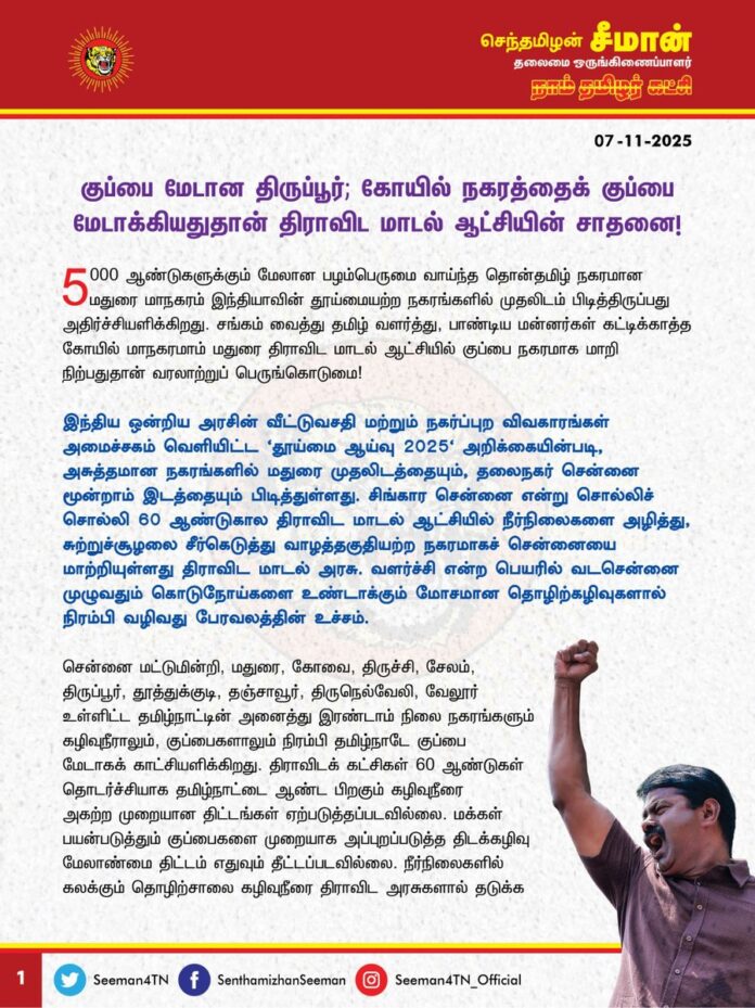 குப்பை மேடான திருப்பூர்; கோயில் நகரத்தைக் குப்பை மேடாக்கியதுதான் திராவிட மாடல் ஆட்சியின் சாதனை!
@CMOTamilnadu @mkstalin
5000 ஆண்டுகளுக்கும் மேலான பழம்பெருமை வாய்ந்த தொன்தமிழ் நகரமான மதுரை மாநகரம் இந்தியாவின் தூய்மையற்ற நகரங்களில் முதலிடம் பிடித்திருப்பது அதிர்ச்சியளிக்கிறது. சங்கம் வைத்து தமிழ் வளர்த்து, பாண்டிய மன்னர்கள் கட்டிக்காத்த கோயில் மாநகரமாம் மதுரை திராவிட மாடல் ஆட்சியில் குப்பை நகரமாக மாறி நிற்பதுதான் வரலாற்றுப் பெருங்கொடுமை!
இந்திய ஒன்றிய அரசின் வீட்டுவசதி மற்றும் நகர்ப்புற விவகாரங்கள் அமைச்சகம் வெளியிட்ட 'தூய்மை ஆய்வு 2025' அறிக்கையின்படி, அசுத்தமான நகரங்களில் மதுரை முதலிடத்தையும், தலைநகர் சென்னை மூன்றாம் இடத்தையும் பிடித்துள்ளது. சிங்கார சென்னை என்று சொல்லிச் சொல்லி 60 ஆண்டுகால திராவிட மாடல் ஆட்சியில் நீர்நிலைகளை அழித்து, சுற்றுச்சூழலை சீர்கெடுத்து வாழத்தகுதியற்ற நகரமாகச் சென்னையை மாற்றியுள்ளது திராவிட மாடல் அரசு. வளர்ச்சி என்ற பெயரில் வடசென்னை முழுவதும் கொடுநோய்களை உண்டாக்கும் மோசமான தொழிற்கழிவுகளால் நிரம்பி வழிவது பேரவலத்தின் உச்சம்.
சென்னை மட்டுமின்றி, மதுரை, கோவை, திருச்சி, சேலம், திருப்பூர், தூத்துக்குடி, தஞ்சாவூர், திருநெல்வேலி, வேலூர் உள்ளிட்ட தமிழ்நாட்டின் அனைத்து இரண்டாம் நிலை நகரங்களும் கழிவுநீராலும், குப்பைகளாலும் நிரம்பி தமிழ்நாடே குப்பை மேடாகக் காட்சியளிக்கிறது. திராவிடக் கட்சிகள் 60 ஆண்டுகள் தொடர்ச்சியாக தமிழ்நாட்டை ஆண்ட பிறகும் கழிவுநீரை அகற்ற முறையான திட்டங்கள் ஏற்படுத்தப்படவில்லை. மக்கள் பயன்படுத்தும் குப்பைகளை முறையாக அப்புறப்படுத்த திடக்கழிவு மேலாண்மை திட்டம் எதுவும் தீட்டப்படவில்லை. நீர்நிலைகளில் கலக்கும் தொழிற்சாலை கழிவுநீரை திராவிட அரசுகளால் தடுக்க முடியவில்லை. விளைவாக தமிழ்நாட்டிலுள்ள நகரங்கள் அனைத்தும் சுகாதாரம் சீர்கெட்டு மக்களுக்குக் கொடுநோய்களை ஏற்படுத்தும் நரகங்களாக மாறிநிற்கின்றன.
குறிப்பாக, திருப்பூர் மாநகராட்சிப் பகுதியில் ஒவ்வொரு நாளும் சேகரிக்கப்படும் 700 டன் குப்பைகள் கடந்த 15 ஆண்டுகளாக பாறைக்குழிகளிலேயே கொட்டப்படுகின்றன. இதனால், பாறைக்குழிகள் நிரம்பி, நிலம், நீர், காற்று ஆகியவை அனைத்தும் முற்று முழுதாகச் சீர்கெட்டுள்ளது. பொது மக்களின் கடும் எதிர்ப்புக் காரணமாக திருப்பூர் எல்லையைக் கடந்து, ஊத்துக்குளி, பல்லடம் உள்ளிட்ட பகுதிகளில் கொட்ட முயற்சித்து, அதற்கும் மக்கள் கடுமையான எதிர்ப்பு தெரிவித்ததால், தற்போது வேறு வழியின்றி மீண்டும் பாறைக் குழிகளிலேயே கொட்டப்படுவதால் மக்கள் பெரும் அவதிக்கு ஆளாகியுள்ளனர்.
தமிழ்நாட்டை மாறி மாறி ஆண்ட திமுக - அதிமுக இரு கட்சிகளும் மாநகராட்சி, நகராட்சி, பேரூராட்சிகளில் மழைநீரை வெளியேற்றவும், கழிவுநீரைப் பாதுகாப்பாக மறுசுழற்சி செய்யவும், திடக்கழிவுகளை முறையாக அகற்றவும் உரிய உட்கட்டமைப்புகளைச் செய்யத்தவறியதோடு, ஆண்டுதோறும் அதற்கென ஒதுக்கப்படும் பல்லாயிரம் கோடிகளை, ஊழல் முறைகேடு செய்ததன் விளைவே, தமிழ்நாட்டு நகரப்பகுதிகள் வாழத்தகுதியற்ற நிலமாக, கழிவு தேங்கிய நகரங்கள் என இழிவைத் தாங்கி நிற்பதற்கு முதன்மைக் காரணமாகும்.
ஆகவே, திருப்பூர் மாநகராட்சிப் பகுதியில் ஒவ்வொரு நாளும் சேகரிக்கப்படும் 700 டன் குப்பைகளை மக்களுக்கு இடையூறு இல்லாது பாதுகாப்பாக அப்புறப்படுத்த உரிய நடவடிக்கை எடுக்கவேண்டும். இனியேனும் நகர்ப்புற உள்ளாட்சி அமைப்புகளில் உட்கட்டமைப்பை மேம்படுத்தி, கழிவுநீர், குப்பைகள், மழைநீர் தேக்கம் ஆகியவற்றால் பாதிக்கப்படாமல் மக்களின் நல்வாழ்வினை உறுதி செய்ய உரிய நடவடிக்கை எடுக்க வேண்டுமென வலியுறுத்துகிறேன்.
- செந்தமிழன் சீமான்
தலைமை ஒருங்கிணைப்பாளர்
நாம் தமிழர் கட்சி