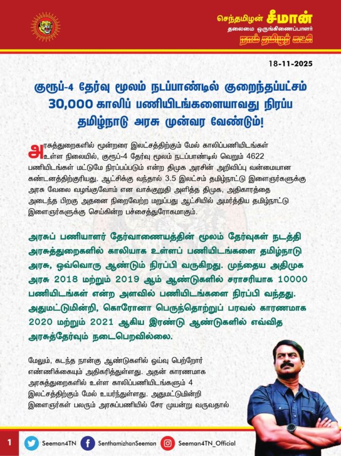 குரூப்-4 தேர்வு மூலம் நடப்பாண்டில் குறைந்தப்பட்சம் 30,௦௦௦ காலிப்பணியிடங்களையாவது நிரப்ப தமிழ்நாடு அரசு முன்வர வேண்டும்!
@CMOTamilnadu @mkstalin
அரசுத்துறைகளில் மூன்றரை இலட்சத்திற்கும் மேல் காலிப்பணியிடங்கள் உள்ள நிலையில், குரூப்-4 தேர்வு மூலம் நடப்பாண்டில் வெறும் 4622 பணியிடங்கள் மட்டுமே நிரப்பப்படும் என்ற திமுக அரசின் அறிவிப்பு வன்மையான கண்டனத்திற்குரியது. ஆட்சிக்கு வந்தால் 3.5 இலட்சம தமிழ்நாட்டு இளைஞர்களுக்கு அரசு வேலை வழங்குவோம் என வாக்குறுதி அளித்த திமுக, அதிகாரத்தை அடைந்த பிறகு அதனை நிறைவேற்ற மறுப்பது ஆட்சியில் அமர்த்திய தமிழ்நாட்டு இளைஞர்களுக்கு செய்கின்ற பச்சைத்துரோகமாகும்.
அரசுப் பணியாளர் தேர்வாணையத்தின் மூலம் தேர்வுகள் நடத்தி அரசுத்துறைகளில் காலியாக உள்ளப் பணியிடங்களை தமிழ்நாடு அரசு, ஒவ்வொரு ஆண்டும் நிரப்பி வருகிறது. முந்தைய அதிமுக அரசு 2018 மற்றும் 2019 ஆண்டுகளில் சராசரியாக 10000 பணியிடங்கள் என்ற அளவில் பணியிடங்களை நிரப்பி வந்தது. அதுமட்டுமின்றி, கொரோனா பெருந்தொற்றுப் பரவல் காரணமாக 2020 மற்றும் 2021 ஆகிய இரண்டு ஆண்டுகளில் எவ்வித அரசுத்தேர்வும் நடைபெறவில்லை. மேலும், கடந்த நான்கு ஆண்டுகளில் ஓய்வுபெற்றோர் எண்ணிக்கையும் அதிகரித்துள்ளது. அதன் காரணமாக அரசுத்துறைகளில் உள்ள காலிப்பணியிடங்களும் 4 இலட்சத்திற்கும் மேல் உயர்ந்துள்ளது. அதுமட்டுமின்றி இளைஞர்கள் பலரும் அரசுப்பணியில் சேர முயன்று வருவதால் போட்டித் தேர்வர்களின் எண்ணிக்கையும் பல இலட்சக்கணக்கில் அதிகரித்துள்ளது.
இந்நிலையில், 2021 ஆம் ஆண்டு சட்டமன்றத் தேர்தலின்போது ஆட்சிக்கு வந்தால் மூன்றரை இலட்சம் அரசுப் பணியிடங்கள் நிரப்பப்படும் என்று திமுக வாக்குறுதி அளித்திருந்தது. இதனால் அதிக காலிப்பணியிடங்களுக்குப் போட்டித் தேர்வு நடைபெறும் என்று தமிழ்நாட்டு இளைஞர்கள் எதிர்பார்த்த நிலையில், இரண்டாண்டு கொரோனா இடைவெளிக்குப் பிறகு 2022 ஆம் ஆண்டு நடைபெற்ற குரூப் 4 தேர்வில் வெறும் 10,300 பணியிடங்கள் மட்டுமே நிரப்பப்படும் என்று திமுக அரசு அறிவித்து ஏமாற்றியது. குறைந்தபட்சம் 15000 பணியிடங்களையாவது நிரப்ப வேண்டும் என்ற தேர்வர்களின் கோரிக்கையை ஏற்க மறுத்த திமுக அரசு, 2023 ஆம் ஆண்டு குரூப் 4 தேர்வு நடத்தாமல் போட்டித் தேர்வர்கள் வயிற்றில் அடித்தது. அதனைத்தொடர்ந்து 2024 ஆம் ஆண்டு நடைபெற்ற குரூப் 4 தேர்வில் வெறும் 9532 காலிப்பணியிடங்களை மட்டுமே நிரப்பி வஞ்சித்தது. இந்நிலையில் ஆட்சி முடியும் நடப்பு கடைசி ஆண்டிலாவது திமுக அரசு குறைந்தபட்சம் 30,000 பணியிடங்களையாவது நிரப்பும் என்று தேர்வெழுதும் இளைஞர்கள் எதிர்ப்பார்த்திருந்த நிலையில், இதுவரை இல்லாத அளவிற்கு மிகமிக குறைந்த அளவாக வெறும் 3945 பணியிடங்கள் மட்டுமே நிரப்பப்படும் என்று அறிவித்து திமுக அரசு அதிர்ச்சியளித்தது. அதன்பின், பிற்சேர்க்கையாக கூடுதலாக 747 இடங்களை சேர்த்து மொத்தம் 4622 பணியிடங்கள் மட்டுமே நிரப்பப்படும் என்று தற்போது அறிவித்துள்ளது. இதனால் அரசுப்பணி கனவு நனவாகும் என்று நம்பிக்கையோடு, இரவு பகலாக கண்துஞ்சாது படித்து, கடுமையாக உழைத்த அன்பு தம்பி தங்கைகள் மிகுந்த மன உளைச்சலுக்கு ஆளாகினர்.
தற்போது, தமிழ்நாடு முழுவதும் அரசுத்துறைகளில் பல இலட்சம் காலிப்பணியிடங்கள் உள்ள நிலையில், குரூப் 4 தேர்வில் அதிக காலிப்பணியிடங்களை நிரப்ப திமுக அரசு முன்வாராதது ஏன்? முன் எப்போதும் இல்லாத அளவிற்கு இந்த ஆண்டு மிகக்குறைந்த பணியிடங்களை நிரப்புவது ஏன்? கடந்த சட்டமன்றத் தேர்தலின்போது 3.5 இலட்சம் தமிழ்நாட்டு இளைஞர்களுக்கு அரசுப் பணி வழங்குவோம் என்று திமுக அளித்த வாக்குறுதியை நிறைவேற்றப்போவது எப்போது? கடந்த 4 ஆண்டுகளில் திமுக அரசால் நிரப்பப்பட்ட காலி பணியிடங்களை விட, ஓய்வு பெறுவதினால் உருவான காலி பணியிடங்கள் பன்மடங்கு அதிகம். அரசுத்துறைகள் சிறப்பாகச் செயல்பட ஊழியர் பற்றாக்குறையைப் போக்கி காலி பணியிடங்களே இல்லை என்ற சூழலை உருவாக்க வேண்டுமா இல்லையா? திமுக அரசு இலட்சக்கணக்கான தமிழ்நாட்டு இளைஞர்கள் வேலை வாய்ப்பினை பெறும் வகையில் போட்டித்தேர்வு வாயிலாக அதிகளவு பணியிடங்களை நிரப்புவதில் உரிய அக்கறை காட்டாதது ஏன்? என்ற கேள்வி ஒவ்வொரு இளைய தலைமுறை பிள்ளைகளிடமும் எழுகிறது.
ஆகவே, தமிழ்நாடு அரசு தங்களின் வாழ்நாள் இலட்சியமாக அரசுப்பணி போட்டித்தேர்வுக்கு முயற்சிக்கும் இலட்சக்கணக்கான தமிழ்நாட்டு இளைஞர்கள் வாழ்வில் ஒளியேற்றும் வகையில் அரசுப் பணியாளர் தேர்வாணையத்தின் குரூப் 4 தேர்வு மூலம் நடப்பாண்டில் குறைந்தப்பட்சம் 30,000 காலிப்பணியிடங்களை நிரப்ப உடனடியாக அரசாணை வெளியிட வேண்டுமென தமிழ்நாடு அரசை வலியுறுத்துகிறேன்.
- செந்தமிழன் சீமான்
தலைமை ஒருங்கிணைப்பாளர்
நாம் தமிழர் கட்சி