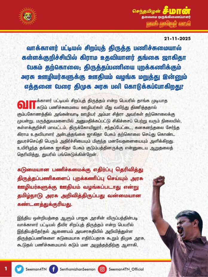 வாக்காளர் பட்டியல் சிறப்புத் திருத்த பணிச்சுமையால் கள்ளக்குறிச்சியில் கிராம உதவியாளர் தங்கை ஷாகிதா பேகம் தற்கொலை; திருத்தப்பணியை புறக்கணிக்கும் அரசு ஊழியர்களுக்கு ஊதியம் வழங்க மறுத்து இன்னும் எத்தனை பேரை திமுக அரசு பலி கொடுக்கப்போகிறது?
@CMOTamilnadu
@mkstalin
வாக்காளர் பட்டியல் சிறப்புத் திருத்தம் என்ற பெயரில் தாங்க முடியாத கடும் பணிச்சுமையை ஊழியர்கள் மீது வலிந்து திணித்ததால் கும்பகோணத்தில் அங்கன்வாடி ஊழியர் அம்மா சித்ரா அவர்கள் தற்கொலைக்கு முயன்று, மருத்துவமனையில் அனுமதிக்கப்பட்டு சிகிச்சைப் பெற்று வரும் நிலையில், கள்ளக்குறிச்சி மாவட்டம், திருக்கோவிலூர், சந்தப்பேட்டை, கனகனந்தலை சேர்ந்த கிராம உதவியாளர் அன்புத்தங்கை ஜாகிதா பேகம் தற்கொலை செய்து கொண்ட துயரச்செய்தி பெரும் அதிர்ச்சியையும் மிகுந்த மனவேதனையையும் அளிக்கிறது. உயிரிழந்த தங்கை ஜாகிதா பேகம் குடும்பத்தினருக்கு என்னுடைய ஆறுதலைத்
தெரிவித்து, துயரில் பங்கெடுக்கின்றேன்.
கடுமையான பணிச்சுமைக்கு எதிர்ப்பு தெரிவித்து திருத்தப்பணிகளைப் புறக்கணிப்பு செய்யும் அரசு ஊழியர்களுக்கு ஊதியம் வழங்கப்படாது என்று தமிழ்நாடு அரசு அறிவித்திருப்பது வன்மையான கண்டனத்துக்குரியது.
இந்திய ஒன்றியத்தை ஆளும் பாஜக அரசின் விருப்பத்தின்படி வாக்காளர் பட்டியல் தீவிர சிறப்புத் திருத்தம் என்ற பெயரில் இந்தியத்தேர்தல் ஆணையம் அவசரகதியில் அறிவித்துள்ள திருத்தப்பணிகளை கடுமையாக எதிர்ப்பதாக கூறும் திமுக அரசு, கூடுதல் பணிச்சுமையால் கடும் மன அழுத்தத்திற்கு ஆளாகி, அப்பணிகளை மேற்கொள்ள இயலாது என அறிவித்துள்ள அரசு ஊழியர்களின் அறப்போராட்டத்தை முடக்கும் விதமாக ஊதியம் தர மறுப்பது எவ்வகையில் நியாயம்?
ஒருபுறம் திருத்தப்பணிகளை நிறுத்தக்கோரி உச்சநீதிமன்றத்தில் வழக்கு தொடர்ந்துவிட்டு, மறுபுறம் தங்கள் கட்சியினர் மூலம் வேக வேகமாக திருத்தப்பணிகளை மேற்கொண்டு திமுக அரசு இரட்டை வேடமிடுகிறது. அதைப்போலவே நீதிமன்றத்தில் திருத்தப்பணிகளை மேற்கொள்வது கடினம் என்று கூறிய திமுக அரசு, அதனை அடியொற்றி திருத்தப் பணிகளை மேற்கொள்ள மறுத்து அறப்போராட்டத்தில் ஈடுபட்டுள்ள அரசு ஊழியர்களுக்கு ஊதியம் வழங்க முடியாது என்றும் அதற்கு மாறான நிலைப்பாட்டை எடுத்துள்ளது அரசு ஊழியர்களுக்கு செய்கிற பச்சைத் துரோகமாகும். இதன் மூலம் பாஜக அரசின் திருத்தச்சதிக்கு மறைமுகமாக திமுக அரசு துணை நிற்பது உறுதியாகிறது.
இதுதான் பாஜகவின் தேர்தல் முறைகேடுகளை திமுக அரசு எதிர்க்கும் முறையா? இந்திய ஒன்றியத்தை ஆளும் பாஜக அரசு தேர்தல் ஆணையத்தை கைப்பாவையாக்கி முறைகேடுகளில் ஈடுபடுகிறது. தமிழ்நாட்டை ஆளும் திமுக அரசு, அரசு அலுவலர்களை அடிமைகள்போல நடத்தி, தங்கள் கட்சியினர் மூலம் முறைகேடுகளில் ஈடுபடுகிறது. இரண்டிற்கும் என்ன வேறுபாடு இருக்க முடியும்?
மழைக்காலம், விழாக்காலம், கடுமையான பணிச்சுமை, குறைந்த காலக்கெடு, மக்கள் பாதிக்கப்படுவார்கள், தேர்தல் நெருங்கிவிட்டது, படிவங்களை நிரப்புவதில் குழப்பம் என்றெல்லாம் நீதிமன்றத்தில் திமுக அரசு கூறிய காரணங்கள் அனைத்தும் அரசு ஊழியர்களுக்கு பொருந்தாதா? திமுக அரசுக்கு ஒரு நியாயம், அப்பாவி அரசு ஊழியர்களுக்கு வேறு நியாயமா? அரசு ஊழியர்கள் என்ன திமுக அரசின் அடிமைகளா? திமுக அரசு உச்ச நீதிமன்றத்தில் முன்வைத்த குற்றம் குறைகளைத்தானே அரசு ஊழியர்களும் முன்வைக்கின்றனர்? அரசின் கொள்கை நிலைப்பாட்டிற்கு துணைநிற்கும் அரசு ஊழியர்கள் பக்கமுள்ள நியாயங்களை நீதிமன்றத்தில் எடுத்துக்கூறி, அவர்களின் அறப்போராட்டத்திற்கு துணைநிற்க வேண்டிய திமுக அரசு, அதற்கு மாறாக போராடும் அரசு ஊழியர்களுக்கு ஊதியம் இல்லையென்று தண்டிப்பது எவ்வகையில் நியாயம்? இதுதான் அரசு ஊழியர்களின் உரிமையை திமுக அரசு பாதுகாக்கும் முறையா? இதற்குப் பெயர்தான் திராவிட மாடலா? வெட்கக்கேடு!
இன்னும் எத்தனை காலத்திற்கு இத்தகைய ஏமாற்று நாடகத்தை திமுக அரசு நடத்தப்போகிறது? கேரளா, இராஜஸ்தான் உள்ளிட்ட மாநிலங்களில் வாக்காளர் பட்டியல் சிறப்புத்திருத்த பணிச்சுமையால் ஏற்பட்ட மன அழுத்தம் காரணமாக அரசு ஊழியர்கள் தற்கொலை செய்து கொண்ட பெருந்துயரம் நிகழ்ந்த நிலையில், தமிழ்நாட்டிலும் அடுத்தடுத்து அரசு ஊழியர்கள் தற்கொலைக்கு முயலும் கொடுமைகள் நிகழத் தொடங்கியுள்ளன.
வாக்காளர்ப் பட்டியல் சிறப்புத் திருத்த கடும் பணிச்சுமையாலும், ஆபாச வசைமொழிகளாலும் கும்பகோணத்தில் அங்கன்வாடி ஊழியர் அம்மா சித்ரா அவர்கள் தூக்க மாத்திரை உள்ளிட்ட பல்வேறு மாத்திரைகளை உட்கொண்டு தற்கொலைக்கு முயன்ற செய்தி வெளிவந்த பிறகாவது திமுக அரசு, வாக்காளர் திருத்தப்பணியை மேற்கொள்ள கட்டாயப்படுத்துவதை கைவிட்டு, விருப்பம் உள்ள அரசு ஊழியர்கள் மேற்கொள்ளலாம் என்று அறிவித்திருந்தால் அநியாயமாக ஓர் உயிர் பறிபோயிருக்காது?
(1/2)