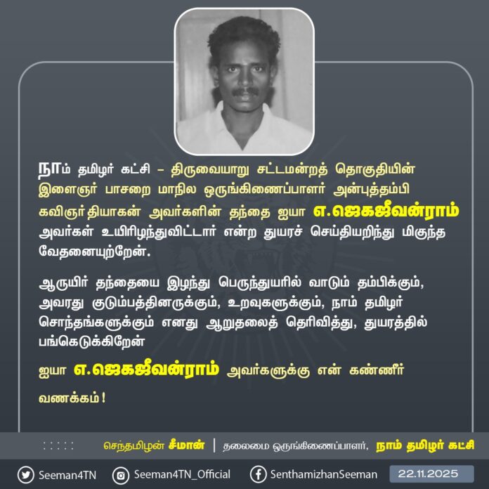 நாம் தமிழர் கட்சி - திருவையாறு சட்டமன்றத் தொகுதியின் இளைஞர் பாசறை மாநில ஒருங்கிணைப்பாளர் அன்புத்தம்பி கவிஞர் தியாகன் அவர்களின் தந்தை ஐயா எ.ஜெகஜீவன்ராம் அவர்கள் உயிரிழந்துவிட்டார் என்ற துயரச் செய்தியறிந்து மிகுந்த வேதனையுற்றேன்.
ஆருயிர் தந்தையை இழந்து பெருந்துயரில் வாடும் தம்பிக்கும், அவரது குடும்பத்தினருக்கும், உறவுகளுக்கும், நாம் தமிழர் சொந்தங்களுக்கும் எனது ஆறுதலைத் தெரிவித்து, துயரத்தில் பங்கெடுக்கிறேன்
ஐயா எ.ஜெகஜீவன்ராம் அவர்களுக்கு என் கண்ணீர் வணக்கம்!