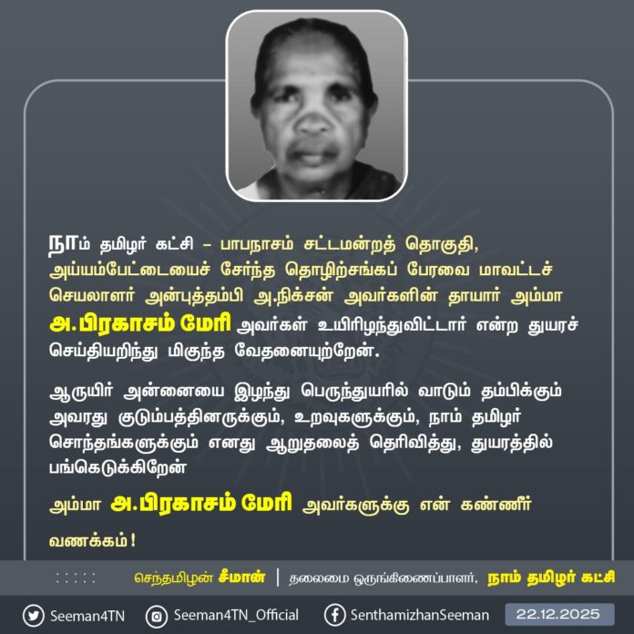 நாம் தமிழர் கட்சி - பாபநாசம் சட்டமன்றத் தொகுதி, அய்யம்பேட்டையைச் சேர்ந்த தொழிற்சங்கப் பேரவை மாவட்டச் செயலாளர் அன்புத்தம்பி அ.நிக்சன் அவர்களின் தாயார் அம்மா அ.பிரகாசம் மேரி அவர்கள் உயிரிழந்துவிட்டார் என்ற துயரச் செய்தியறிந்து மிகுந்த வேதனையுற்றேன்.
ஆருயிர் அன்னையை இழந்து பெருந்துயரில் வாடும் தம்பிக்கும் அவரது குடும்பத்தினருக்கும், உறவுகளுக்கும், நாம் தமிழர் சொந்தங்களுக்கும் எனது ஆறுதலைத் தெரிவித்து, துயரத்தில் பங்கெடுக்கிறேன்
அம்மா அ.பிரகாசம் மேரி அவர்களுக்கு என் கண்ணீர் வணக்கம்!