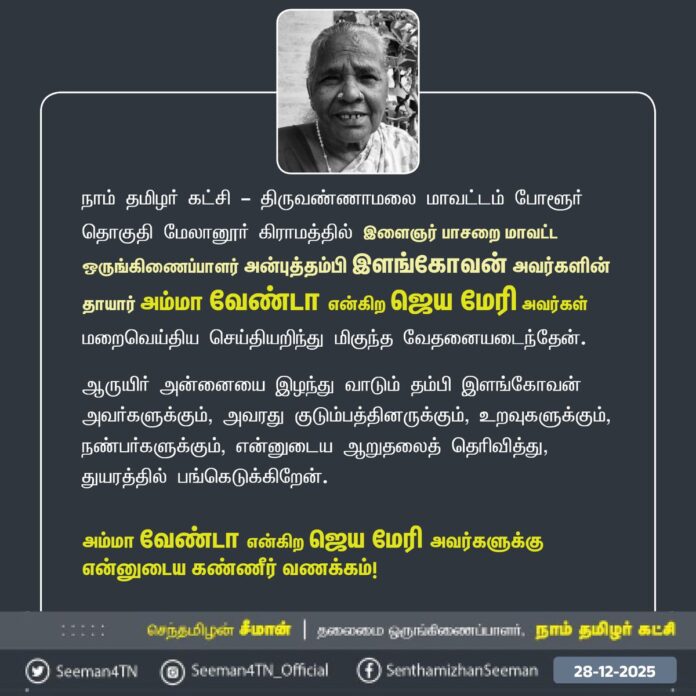 நாம் தமிழர் கட்சி - திருவண்ணாமலை மாவட்டம் போளூர் தொகுதி மேலானூர் கிராமத்தில் இளைஞர் பாசறை மாவட்ட
ஒருங்கிணைப்பாளர் அன்புத்தம்பி இளங்கோவன் அவர்களின் தாயார் அம்மா வேண்டா என்கிற ஜெய மேரி அவர்கள் மறைவெய்திய செய்தியறிந்து மிகுந்த வேதனையடைந்தேன்.
ஆருயிர் அன்னையை இழந்து வாடும் தம்பி இளங்கோவன் அவர்களுக்கும், அவரது குடும்பத்தினருக்கும், உறவுகளுக்கும், நண்பர்களுக்கும், என்னுடைய ஆறுதலைத் தெரிவித்து, துயரத்தில் பங்கெடுக்கிறேன்.
அம்மா வேண்டா என்கிற ஜெய மேரி அவர்களுக்கு என்னுடைய கண்ணீர் வணக்கம்!