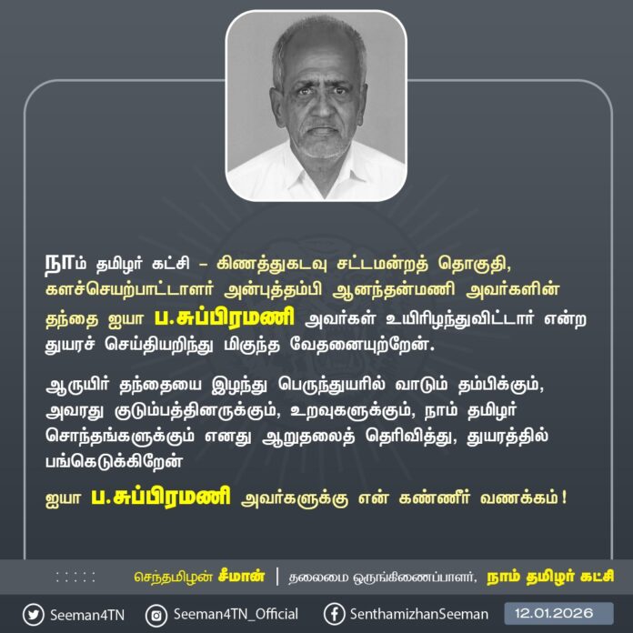 நாம் தமிழர் கட்சி - கிணத்துகடவு சட்டமன்றத் தொகுதி, களச்செயற்பாட்டாளர் அன்புத்தம்பி ஆனந்தன் மணி அவர்களின் தந்தை ஐயா ப.சுப்பிரமணி அவர்கள் உயிரிழந்துவிட்டார் என்ற துயரச் செய்தியறிந்து மிகுந்த வேதனையுற்றேன்.
ஆருயிர் தந்தையை இழந்து பெருந்துயரில் வாடும் தம்பிக்கும், அவரது குடும்பத்தினருக்கும், உறவுகளுக்கும், நாம் தமிழர் சொந்தங்களுக்கும் எனது ஆறுதலைத் தெரிவித்து, துயரத்தில் பங்கெடுக்கிறேன்
ஐயா ப.சுப்பிரமணி அவர்களுக்கு என் கண்ணீர் வணக்கம்!