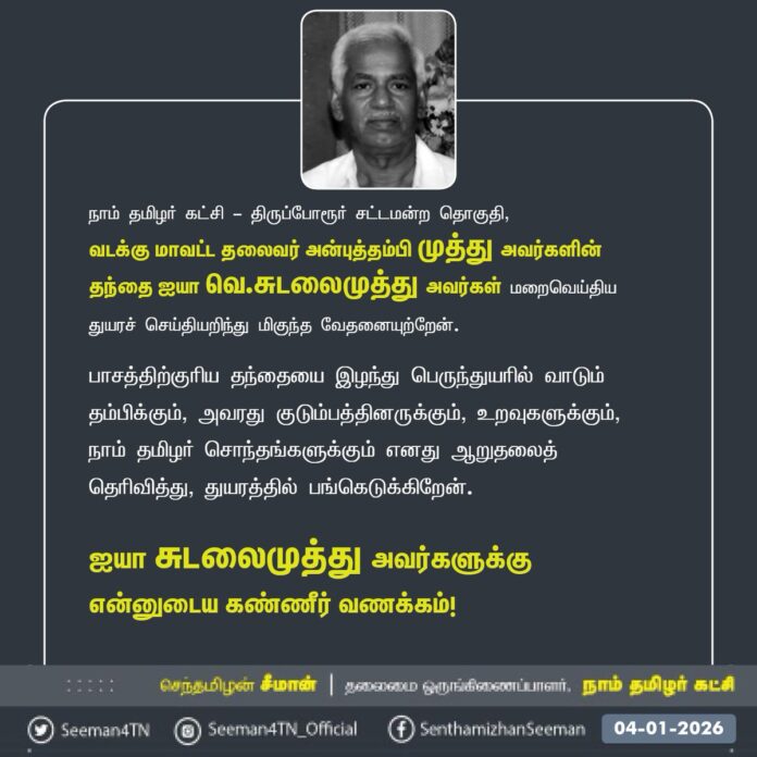 நாம் தமிழர் கட்சி - திருப்போரூர் சட்டமன்ற தொகுதி,
வடக்கு மாவட்டத் தலைவர் அன்புத்தம்பி முத்து அவர்களின் தந்தை ஐயா வெ.சுடலைமுத்து அவர்கள் மறைவெய்திய துயரச் செய்தியறிந்து மிகுந்த வேதனையுற்றேன்.
பாசத்திற்குரிய தந்தையை இழந்து பெருந்துயரில் வாடும் தம்பிக்கும், அவரது குடும்பத்தினருக்கும், உறவுகளுக்கும்,
நாம் தமிழர் சொந்தங்களுக்கும் எனது ஆறுதலைத் தெரிவித்து, துயரத்தில் பங்கெடுக்கிறேன்.
ஐயா சுடலைமுத்து அவர்களுக்கு
என்னுடைய கண்ணீர் வணக்கம்!