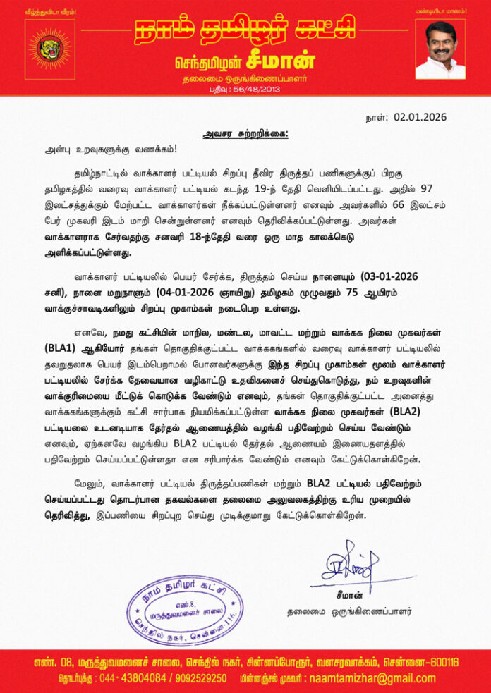 அவசர சுற்றறிக்கை:
அன்பு உறவுகளுக்கு வணக்கம்!
தமிழ்நாட்டில் வாக்காளர் பட்டியல் சிறப்பு தீவிர திருத்தப் பணிகளுக்குப் பிறகு தமிழகத்தில் வரைவு வாக்காளர் பட்டியல் கடந்த 19-ந் தேதி வெளியிடப்பட்டது. அதில் 97 இலட்சத்துக்கும் மேற்பட்ட வாக்காளர்கள் நீக்கப்பட்டுள்ளனர் எனவும் அவர்களில் 66 இலட்சம் பேர் முகவரி இடம் மாறி சென்றுள்ளனர் எனவும் தெரிவிக்கப்பட்டுள்ளது. அவர்கள் வாக்காளராக சேர்வதற்கு சனவரி 18-ந்தேதி வரை ஒரு மாத காலக்கெடு அளிக்கப்பட்டுள்ளது.
வாக்காளர் பட்டியலில் பெயர் சேர்க்க, திருத்தம் செய்ய நாளையும் (03-01-2026 சனி), நாளை மறுநாளும் (04-01-2026 ஞாயிறு) தமிழகம் முழுவதும் 75 ஆயிரம் வாக்குச்சாவடிகளிலும் சிறப்பு முகாம்கள் நடைபெற உள்ளது.
எனவே, நமது கட்சியின் மாநில, மண்டல, மாவட்ட மற்றும் வாக்கக நிலை முகவர்கள் (BLA1) ஆகியோர் தங்கள் தொகுதிக்குட்பட்ட வாக்ககங்களில் வரைவு வாக்காளர் பட்டியலில் தவறுதலாக பெயர் இடம்பெறாமல் போனவர்களுக்கு இந்த சிறப்பு முகாம்கள் மூலம் வாக்காளர் பட்டியலில் சேர்க்க தேவையான வழிகாட்டு உதவிகளைச் செய்துகொடுத்து, நம் உறவுகளின் வாக்குரிமையை மீட்டுக் கொடுக்க வேண்டும் எனவும், தங்கள் தொகுதிக்குட்பட்ட அனைத்து வாக்ககங்களுக்கும் கட்சி சார்பாக நியமிக்கப்பட்டுள்ள வாக்கக நிலை முகவர்கள் (BLA2) பட்டியலை உடனடியாக தேர்தல் ஆணையத்தில் வழங்கி பதிவேற்றம் செய்ய வேண்டும் எனவும், ஏற்கனவே வழங்கிய BLA2 பட்டியல் தேர்தல் ஆணையம் இணையதளத்தில் பதிவேற்றம் செய்யப்பட்டுள்ளதா என சரிபார்க்க வேண்டும் எனவும் கேட்டுக்கொள்கிறேன்.
மேலும், வாக்காளர் பட்டியல் திருத்தப்பணிகள் மற்றும் BLA2 பட்டியல் பதிவேற்றம் செய்யப்பட்டது தொடர்பான தகவல்களை தலைமை அலுவலகத்திற்கு உரிய முறையில் தெரிவித்து, இப்பணியைச் சிறப்புற செய்து முடிக்குமாறு கேட்டுக்கொள்கிறேன்.
- செந்தமிழன் சீமான்
தலைமை ஒருங்கிணைப்பாளர்
நாம் தமிழர் கட்சி
