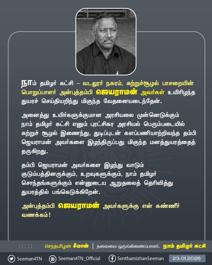 நாம் தமிழர் கட்சி - வடலூர் நகரம், சுற்றுச்சூழல் பாசறையின் பொறுப்பாளர் அன்புத்தம்பி ஜெயராமன் அவர்கள் உயிரிழந்த துயரச் செய்தியறிந்து மிகுந்த வேதனையடைந்தேன்.
அனைத்து உயிர்களுக்குமான அரசியலை முன்னெடுக்கும் நாம் தமிழர் கட்சி எனும் புரட்சிகர அரசியல் பெரும்படையில் சுற்றுச் சூழல் இணைந்து, துடிப்புடன் களப்பணியாற்றிவந்த தம்பி ஜெயராமன் அவர்களை இழந்திருப்பது மிகுந்த மனத்துயரத்தைத் தருகிறது.
தம்பி ஜெயராமன் அவர்களை இழந்து வாடும் குடும்பத்தினருக்கும், உறவுகளுக்கும், நாம் தமிழர் சொந்தங்களுக்கும் என்னுடைய ஆறுதலைத் தெரிவித்து துயரத்தில் பங்கெடுக்கிறேன்.
அன்புத்தம்பி ஜெயராமன் அவர்களுக்கு என் கண்ணீர் வணக்கம்!