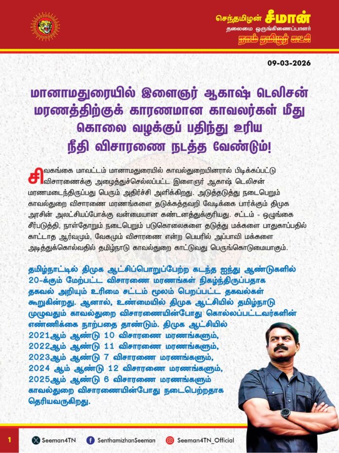 மானாமதுரையில் இளைஞர் ஆகாஷ் டெலிசன் மரணத்திற்குக் காரணமான காவலர்கள் மீது கொலை வழக்குப் பதிந்து உரிய நீதி விசாரணை நடத்த வேண்டும்!
@CMOTamilnadu @mkstalin
சிவகங்கை மாவட்டம் மானாமதுரையில் காவல்துறையினரால் பிடிக்கப்பட்டு விசாரணைக்கு அழைத்துச்செல்லப்பட்ட இளைஞர் ஆகாஷ் டெலிசன் மரணமடைந்திருப்பது பெரும் அதிர்ச்சி அளிக்கிறது. அடுத்தடுத்து நடைபெறும் காவல்துறை விசாரணை மரணங்களை தடுக்கத்தவறி வேடிக்கை பார்க்கும் திமுக அரசின் அலட்சியப்போக்கு வன்மையான கண்டனத்துக்குரியது. சட்டம் - ஒழுங்கை சீர்படுத்தி, நாள்தோறும் நடைபெறும் படுகொலைகளை தடுத்து மக்களை பாதுகாப்பதில் காட்டாத ஆர்வமும், வேகமும் விசாரணை என்ற பெயரில் அப்பாவி மக்களை அடித்துக்கொல்வதில் தமிழ்நாடு காவல்துறை காட்டுவது பெருங்கொடுமையாகும்.
தமிழ்நாட்டில் திமுக ஆட்சிப்பொறுப்பேற்ற கடந்த ஐந்து ஆண்டுகளில் 20-க்கும் மேற்பட்ட விசாரணை மரணங்கள் நிகழ்ந்திருப்பதாக தகவல் அறியும் உரிமை சட்டம் மூலம் பெறப்பட்ட தகவல்கள் கூறுகின்றது. ஆனால், உண்மையில் திமுக ஆட்சியில் தமிழ்நாடு முழுவதும் காவல்துறை விசாரணையின்போது கொல்லப்பட்டவர்களின் எண்ணிக்கை நாற்பதை தாண்டும். திமுக ஆட்சியில் 2021ஆம் ஆண்டு 10 விசாரணை மரணங்களும், 2022ஆம் ஆண்டு 11 விசாரணை மரணங்களும், 2023ஆம் ஆண்டு 7 விசாரணை மரணங்களும், 2024 ஆம் ஆண்டு 12 விசாரணை மரணங்களும், 2025ஆம் ஆண்டு 6 விசாரணை மரணங்களும் காவல்துறை விசாரணையின்போது நடைபெற்றதாக தெரியவருகிறது.
ஜெய்பீம் படம் பார்த்து உள்ளம் உருகிய முதல்வருக்கு தம்முடைய ஆட்சியில்,
தாம் நேரடியாக நிர்வகிக்கும் துறையின்கீழ் நடைபெறும் படுகொலைகள் உள்ளத்தை உலுக்கவில்லையா?
கடமை தவறினால் கடும் நடவடிக்கை எடுக்கப்படும் என்று கூறும் திமுக அரசு, காவல் விசாரணை படுகொலையைத் தடுக்க எடுத்த நடவடிக்கை தான் என்ன? ஒன்றுமில்லையே! காவல்துறை விசாரணையின்போது நடைபெறும் படுகொலைகளில் தென்மாநிலங்களில் தமிழ்நாடு முதலிடம் பெற்றிருப்பதுதான் திராவிட மாடல் அரசின் ஈடு இணையற்ற சாதனையாகும்.
சமூக விரோதிகளால் நாள்தோறும் நடைபெறும் படுகொலைகள் போதாதென்று, குற்றவாளிகளை பிடித்து சட்டம் ஒழுங்கை நிலைநாட்ட வேண்டிய காவல்துறையினரின் விசாரணையில் நடைபெறும் படுகொலைகளால் மக்கள் சிந்தும் வேதனைக் கண்ணீரே திமுக அரசின் அவல ஆட்சியை வீழ்த்தும் ஆயுதமாகும்!
மதுரையில் இளைஞர் ஆகாஷ் டெலிசன் மரணத்திற்குக் காரணமான காவலர்கள் மீது கொலை வழக்குப் பதிந்து உரிய நீதி விசாரணை நடத்த வேண்டுமென வலியுறுத்துகிறேன்.
- செந்தமிழன் சீமான்
தலைமை ஒருங்கிணைப்பாளர்
நாம் தமிழர் கட்சி