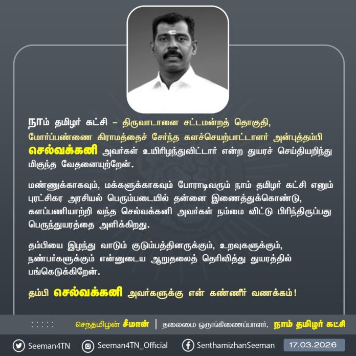 நாம் தமிழர் கட்சி - திருவாடானை சட்டமன்றத் தொகுதி, மோர்ப்பண்ணை கிராமத்தைச் சேர்ந்த களச்செயற்பாட்டாளர் அன்புத்தம்பி செல்வக்கனி அவர்கள் உயிரிழந்துவிட்டார் என்ற துயரச் செய்தியறிந்து மிகுந்த வேதனையுற்றேன்.
மண்ணுக்காகவும், மக்களுக்காகவும் போராடிவரும் நாம் தமிழர் கட்சி எனும் புரட்சிகர அரசியல் பெரும்படையில் தன்னை இணைத்துக்கொண்டு, களப்பணியாற்றி வந்த செல்வக்கனி அவர்கள் நம்மை விட்டு பிரிந்திருப்பது பெருந்துயரத்தை அளிக்கிறது.
தம்பியை இழந்து வாடும் குடும்பத்தினருக்கும், உறவுகளுக்கும், நண்பர்களுக்கும் என்னுடைய ஆறுதலைத் தெரிவித்து துயரத்தில் பங்கெடுக்கிறேன்.
தம்பி செல்வக்கனி அவர்களுக்கு என் கண்ணீர் வணக்கம்!