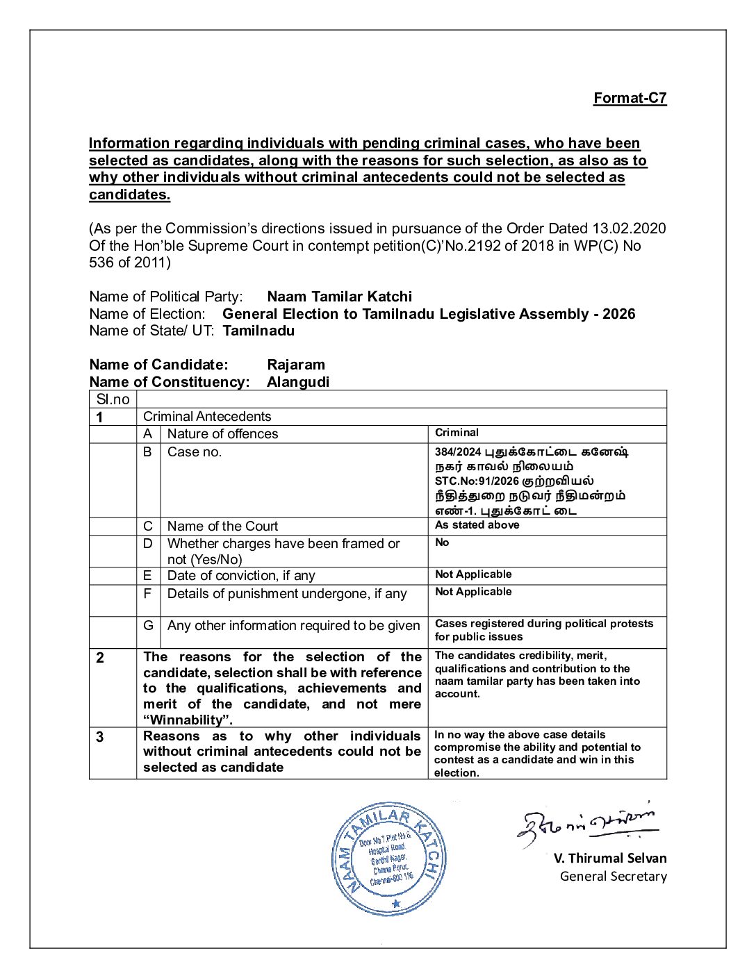 தேர்தல் 2026 – ஆலங்குடி தொகுதி நாம் தமிழர் கட்சி வேட்பாளர் வழக்கு விபரம்