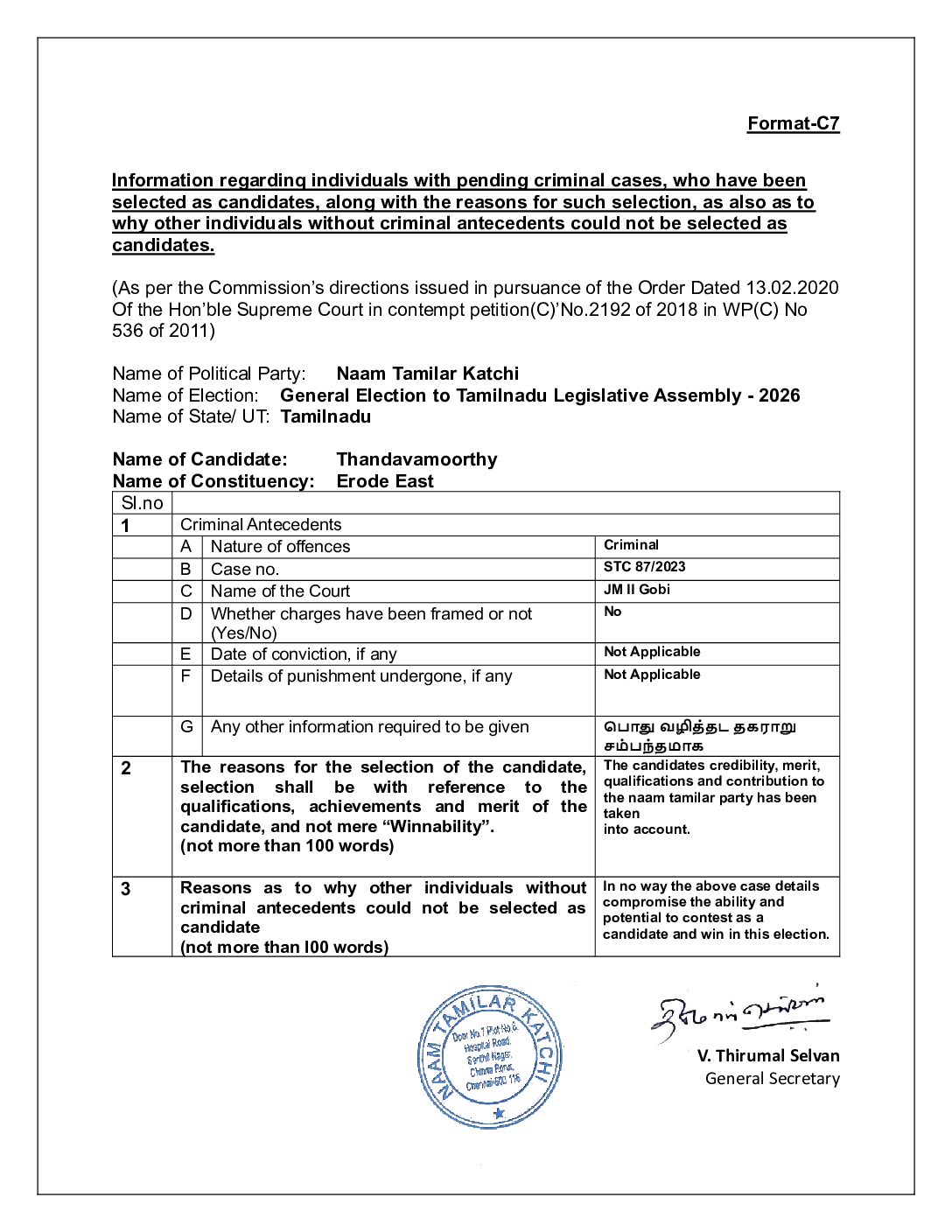 தேர்தல் 2026 – ஈரோடு கிழக்கு தொகுதி வேட்பாளர் வழக்கு விபரம்
