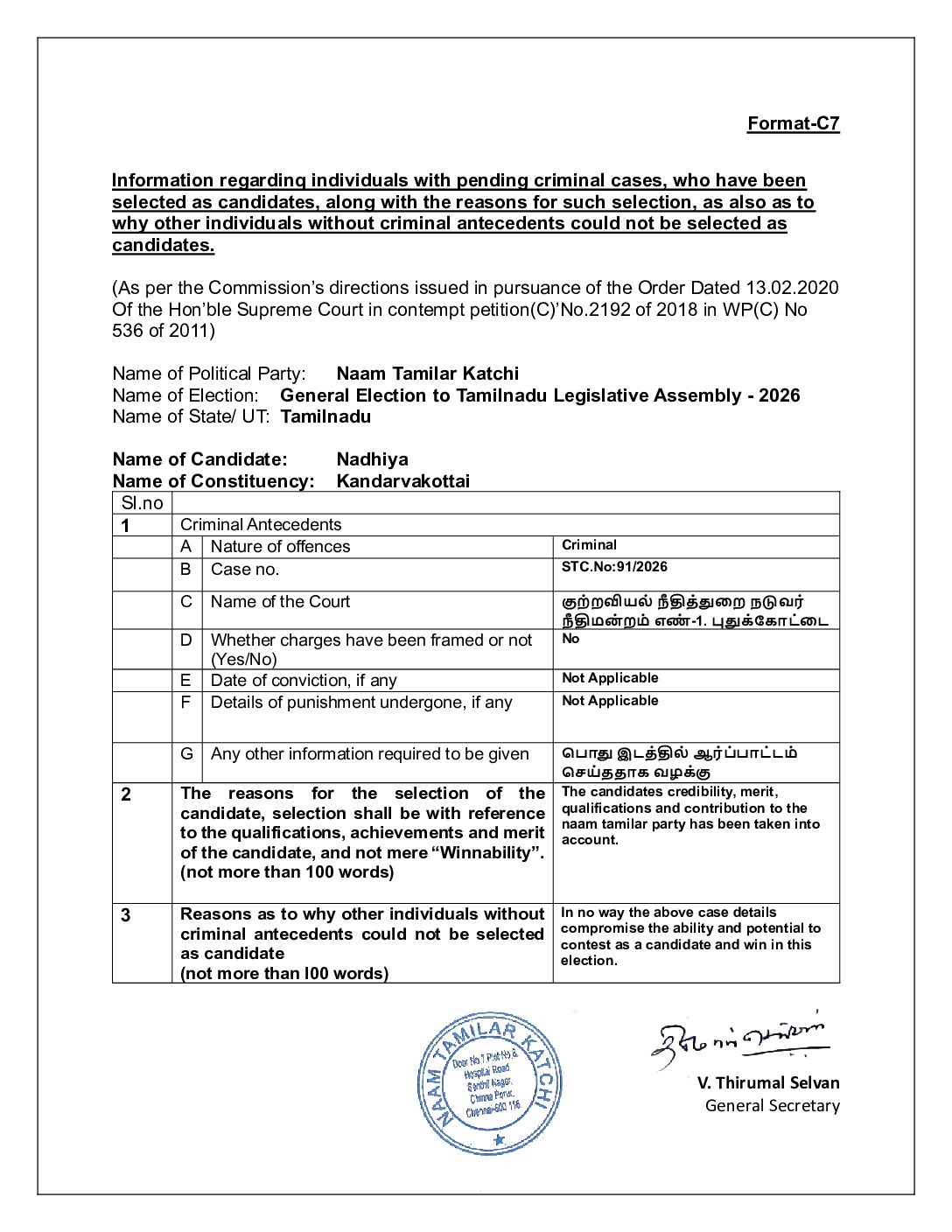 தேர்தல் 2026 – கந்தர்வகோட்டை தொகுதி வேட்பாளர் வழக்கு விபரம்