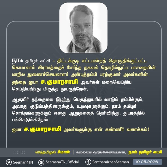 நாம் தமிழர் கட்சி - திட்டக்குடி சட்டமன்றத் தொகுதிக்குட்பட்ட கொளவாய் கிராமத்தைச் சேர்ந்த தகவல் தொழில்நுட்பப் பாசறையின் மாநிலத் துணைச்செயலாளர் அன்புத்தம்பி பரத்குமார் அவர்களின் தந்தை ஐயா ச.குமாரசாமி அவர்கள் மறைவெய்திய செய்தியறிந்து மிகுந்த துயருற்றேன்.
ஆருயிர் தந்தையை இழந்து பெருந்துயரில் வாடும் தம்பிக்கும், அவரது குடும்பத்தினருக்கும், உறவுகளுக்கும், நாம் தமிழர் சொந்தங்களுக்கும் எனது ஆறுதலைத் தெரிவித்து, துயரத்தில் பங்கெடுக்கிறேன்
ஐயா ச.குமாரசாமி அவர்களுக்கு என் கண்ணீர் வணக்கம்!