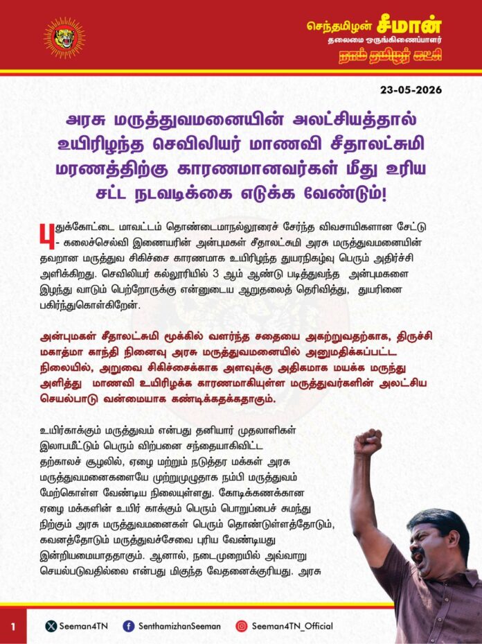 அரசு மருத்துவமனையின் அலட்சியத்தால் உயிரிழந்த செவிலியர் மாணவி சீதாலட்சுமி மரணத்திற்கு காரணமானவர்கள் மீது உரிய சட்ட நடவடிக்கை எடுக்க வேண்டும்!
@CMOTamilnadu
@TVKVijayHQ
புதுக்கோட்டை மாவட்டம் தொண்டைமாநல்லூரைச் சேர்ந்த விவசாயிகளான சேட்டு – கலைச்செல்வி இணையரின் அன்புமகள் சீதாலட்சுமி அரசு மருத்துவமனையின் தவறான மருத்துவ சிகிச்சை காரணமாக உயிரிழந்த துயரநிகழ்வு பெரும் அதிர்ச்சி அளிக்கிறது. செவிலியர் கல்லூரியில் 3 ஆம் ஆண்டு படித்துவந்த அன்புமகளை இழந்து வாடும் பெற்றோருக்கு என்னுடைய ஆறுதலைத் தெரிவித்து, துயரினை பகிர்ந்துகொள்கிறேன்.
அன்புமகள் சீதாலட்சுமி மூக்கில் வளர்ந்த சதையை அகற்றுவதற்காக, திருச்சி மகாத்மா காந்தி நினைவு அரசு மருத்துவமனையில் அனுமதிக்கப்பட்ட நிலையில், அறுவை சிகிச்சைக்காக அளவுக்கு அதிகமாக மயக்க மருந்து அளித்து மாணவி உயிரிழக்க காரணமாகியுள்ள மருத்துவர்களின் அலட்சிய செயல்பாடு வன்மையாக கண்டிக்கதக்கதாகும்.
உயிர்காக்கும் மருத்துவம் என்பது தனியார் முதலாளிகள் இலாபமீட்டும் பெரும் விற்பனை சந்தையாகிவிட்ட தற்காலச் சூழலில், ஏழை மற்றும் நடுத்தர மக்கள் அரசு மருத்துவமனைகளையே முற்றுமுழுதாக நம்பி மருத்துவம் மேற்கொள்ள வேண்டிய நிலையுள்ளது. கோடிக்கணக்கான ஏழை மக்களின் உயிர் காக்கும் பெரும்பொறுப்பைச் சுமந்து நிற்கும் அரசு மருத்துவமனைகள் பெரும் தொண்டுள்ளத்தோடும், கவனத்தோடும் மருத்துவச்சேவை புரிய வேண்டியது இன்றியமையாததாகும். ஆனால், நடைமுறையில் அவ்வாறு செயல்படுவதில்லை என்பது மிகுந்த வேதனைக்குரியது. அரசு மருத்துவமனைகளுக்கு வரும் நோயாளிகளை அவமானப்படுத்துவதும், படிக்காத பாமர மக்கள்தானே என்ற அலட்சியத்தோடு மருத்துவம் அளிப்பதுமே தொடர் உயிரிழப்புகளுக்கு அடிப்படை காரணமாகும்.
தமிழ்நாடு அரசும், அரசு மருத்துவமனைகளின் தூய்மையையும், பாதுகாப்பையும், மருத்துவர்கள் மற்றும் செவிலியர்களின் வருகையையும், மருந்துகள் மற்றும் மருத்துவக் கருவிகளின் இருப்பையும், அளிக்கப்படும் மருத்துவத்தின் தரத்தையும் உறுதிசெய்ய, தொடர்ச்சியாகத் தீவிர கண்காணிப்பை மேற்கொண்டிருக்க வேண்டும். அதனை முறையாகச் செய்யத் தவறுவதாலேயே தற்போது அநியாயமாக ஓர் உயிர் பறிபோயுள்ளது. கடந்த ஆட்சிகாலங்களில் நடைபெற்ற அதே அலட்சிய செயல்பாடு தற்போதைய ஆட்சியிலும் தொடர்வது எவ்வகையிலும் ஏற்புடையதல்ல. அரசு மருத்துவமனைகளில் தரமற்ற மருத்துவமும், அரசுப்பள்ளிகளில் தரமற்ற கல்வியும் தொடர்வதை தவெக அரசு வேடிக்கை பார்ப்பது, மாற்றம் வரும் என்று நம்பி வாக்களித்த மக்களை ஏமாற்றும் பெருந்துரோகமாகும்.
ஆகவே, அரசு மருத்துவமனைகளின் அலட்சியத்தால் அப்பாவி மக்கள் உயிரிழக்கும் இது போன்ற கொடுமைகள் இனி வருங்காலங்களிலாவது நடைபெறாமல் தடுக்க, தமிழ்நாடு அரசு ஆக்கப்பூர்வமான நடவடிக்கைகள் எடுக்க வேண்டுமென வலியுறுத்துகிறேன். அன்புமகள் சீதாலட்சுமி உயிரிழக்க காரணமானவர்கள் மீது உரிய சட்ட நடவடிக்கை எடுக்க வேண்டுமெனவும் கேட்டுக்கொள்கிறேன்.
- செந்தமிழன் சீமான்
தலைமை ஒருங்கிணைப்பாளர்
நாம் தமிழர் கட்சி