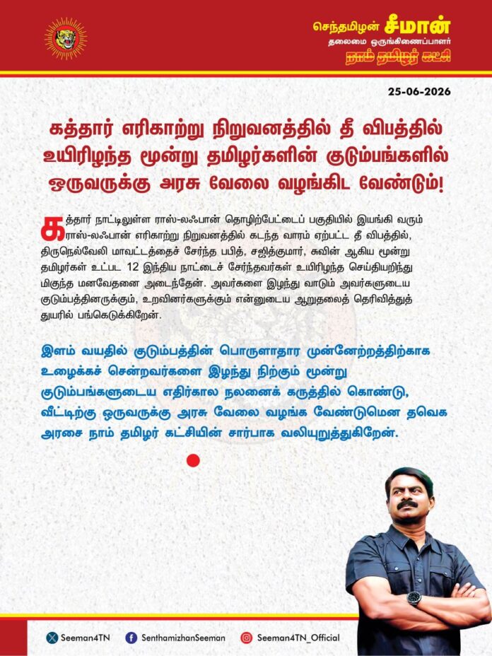 கத்தார் நாட்டிலுள்ள ராஸ்-லஃபான் தொழிற்பேட்டைப்பகுதியில் இயங்கி வரும் ராஸ்-லஃபான் எரிகாற்று நிறுவனத்தில் கடந்த வாரம் ஏற்பட்ட தீ விபத்தில், திருநெல்வேலி மாவட்டத்தைச் சேர்ந்த பபித், சஜித்குமார், சுவின் ஆகிய மூன்று தமிழர்கள் உட்பட 12 இந்திய நாட்டைச் சேர்ந்தவர்கள் உயிரிழந்த செய்தியறிந்து மிகுந்த மனவேதனை அடைந்தேன். அவர்களை இழந்து வாடும் அவர்களுடைய குடும்பத்தினருக்கும், உறவினர்களுக்கும் என்னுடைய ஆறுதலைத் தெரிவித்துத் துயரில் பங்கெடுக்கிறேன்.
இளம் வயதில் குடும்பத்தின் பொருளாதார முன்னேற்றத்திற்காக உழைக்கச் சென்றவர்களை இழந்து நிற்கும் மூன்று குடும்பங்களுடைய எதிர்கால நலனைக் கருத்தில்கொண்டு, வீட்டிற்கு ஒருவருக்கு அரசு வேலை வழங்க வேண்டுமென தவெக அரசை நாம் தமிழர் கட்சியின் சார்பாக வலியுறுத்துகிறேன்.
- செந்தமிழன் சீமான்
தலைமை ஒருங்கிணைப்பாளர்
நாம் தமிழர் கட்சி