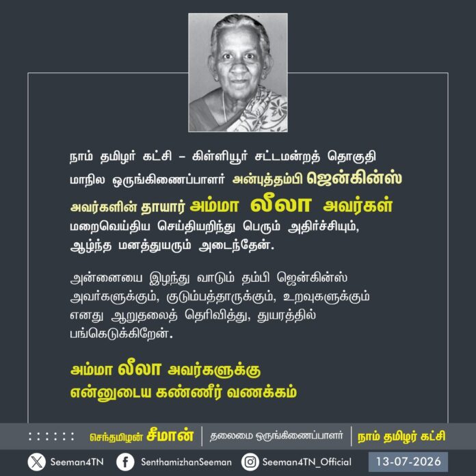 நாம் தமிழர் கட்சி - கிள்ளியூர் சட்டமன்றத் தொகுதி மாநில ஒருங்கிணைப்பாளர் அன்புத்தம்பி ஜென்கின்ஸ் அவர்களின் தாயார் அம்மா லீலா அவர்கள் மறைவெய்திய செய்தியறிந்து பெரும் அதிர்ச்சியும்,
ஆழ்ந்த மனத்துயரும் அடைந்தேன்.
அன்னையை இழந்து வாடும் தம்பி ஜென்கின்ஸ் அவர்களுக்கும், குடும்பத்தாருக்கும், உறவுகளுக்கும்
எனது ஆறுதலைத் தெரிவித்து, துயரத்தில் பங்கெடுக்கிறேன்.
அம்மா லீலா அவர்களுக்கு
என்னுடைய கண்ணீர் வணக்கம்