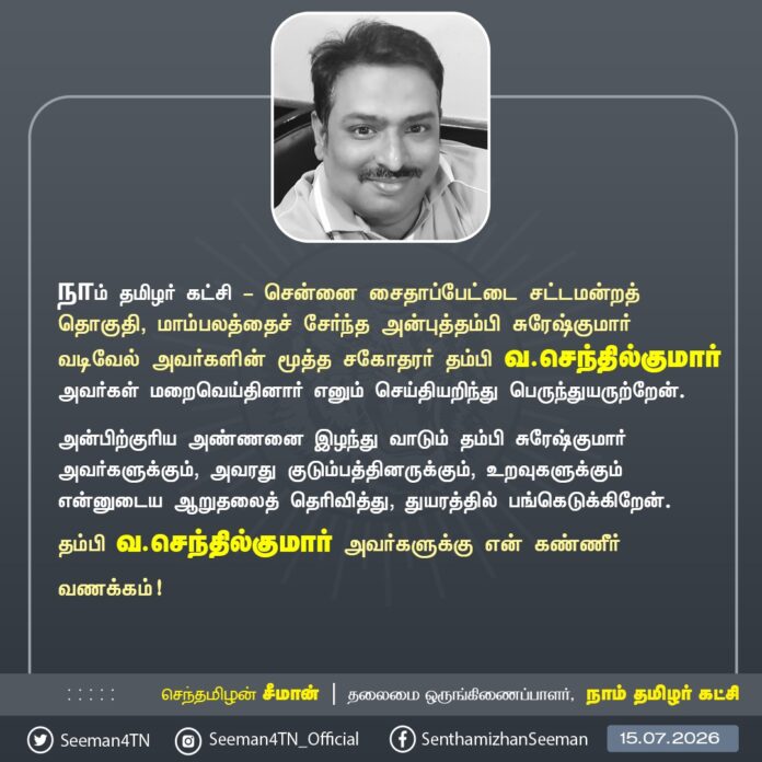 நாம் தமிழர் கட்சி - சென்னை சைதாப்பேட்டை சட்டமன்றத் தொகுதி, மாம்பலத்தைச் சேர்ந்த அன்புத்தம்பி சுரேஷ்குமார் வடிவேல் அவர்களின் மூத்த சகோதரர் வ.செந்தில்குமார் அவர்கள் மறைவெய்தினார் எனும் செய்தியறிந்து பெருந்துயருற்றேன்.
அன்பிற்குரிய அண்ணனை இழந்து வாடும் தம்பி சுரேஷ்குமார் அவர்களுக்கும், அவரது குடும்பத்தினருக்கும், உறவுகளுக்கும் என்னுடைய ஆறுதலைத் தெரிவித்து, துயரத்தில் பங்கெடுக்கிறேன்.
அன்புத்தம்பி வ.செந்தில்குமார் அவர்களுக்கு என் கண்ணீர் வணக்கம்!